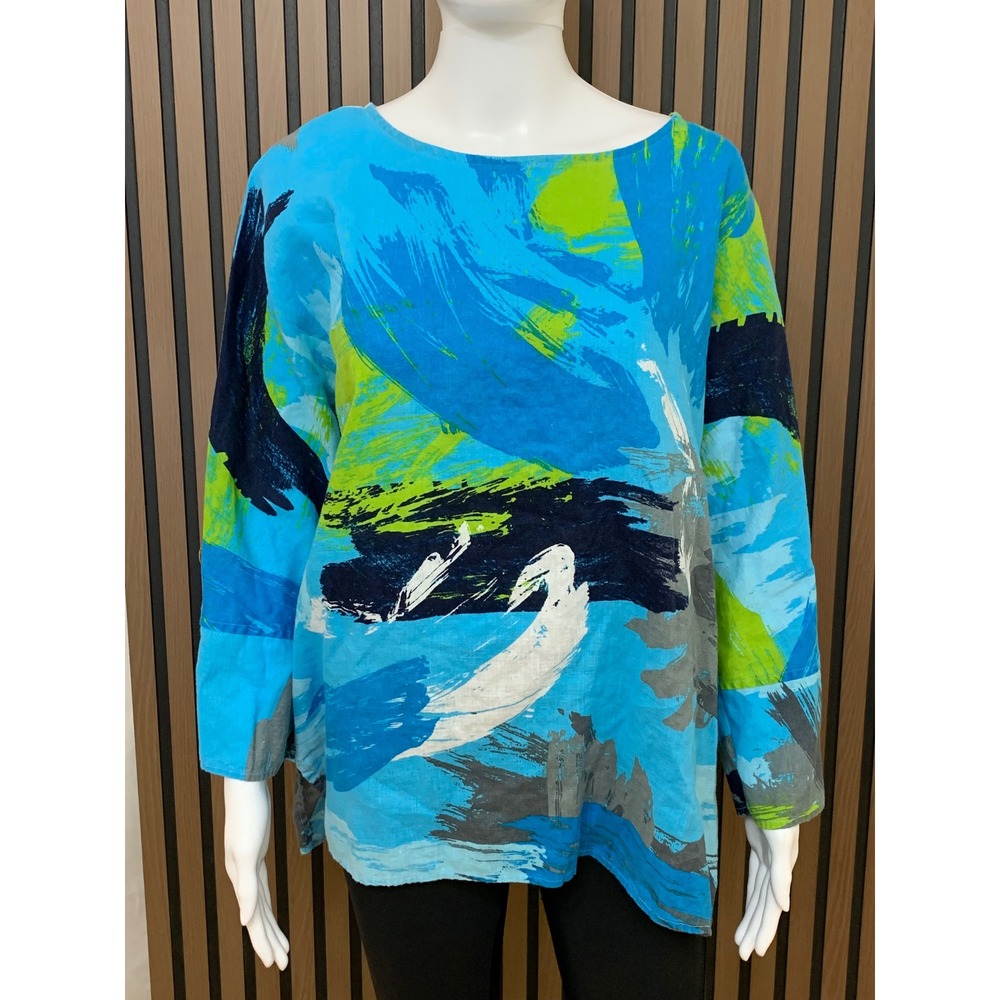 Ali Miles Women's M Blue Abstract Print Linen Blend Button Lagenlook Blouse Top